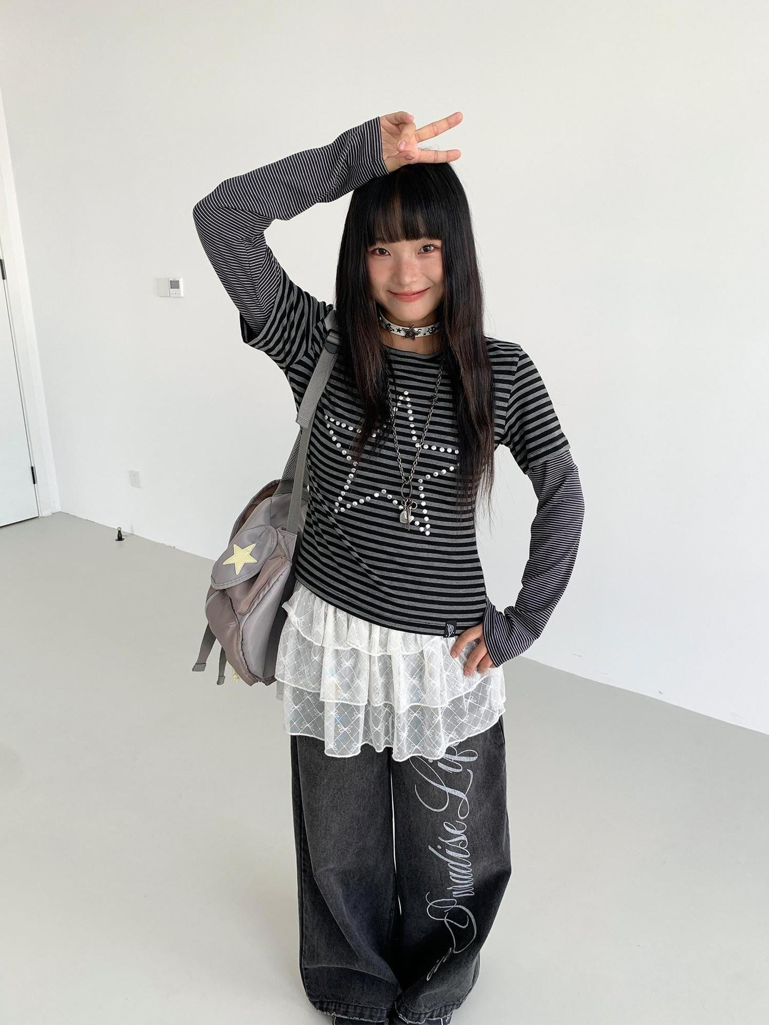 atrandom Black Grey Striped Star Sequin Hotfix Faux Layer Women&
