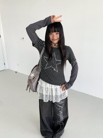 atrandom Black Grey Striped Star Sequin Hotfix Faux Layer Women&