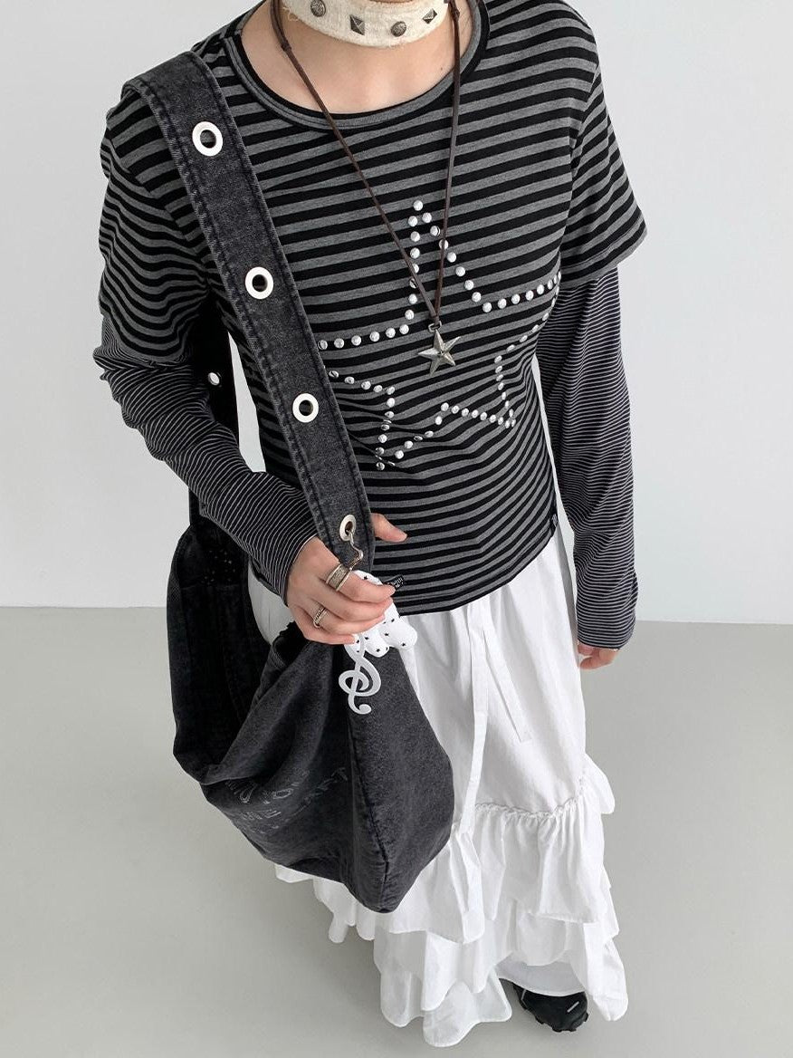 atrandom Black Grey Striped Star Sequin Hotfix Faux Layer Women&