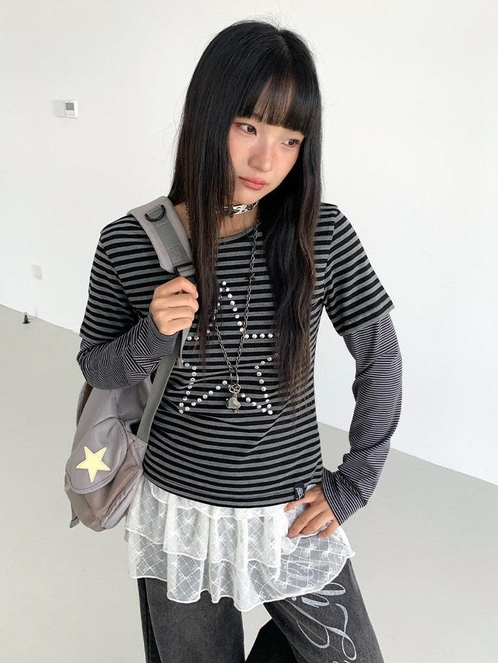 atrandom Black Grey Striped Star Sequin Hotfix Faux Layer Women&