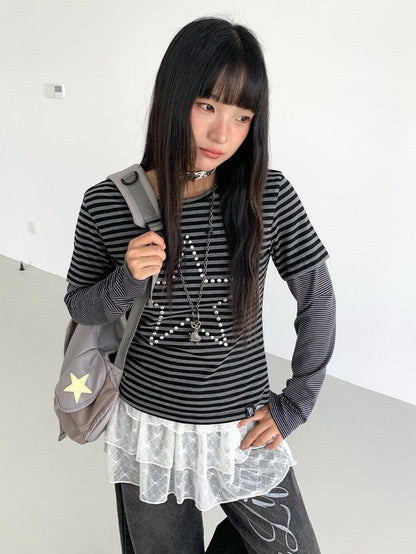 atrandom Black Grey Striped Star Sequin Hotfix Faux Layer Women&