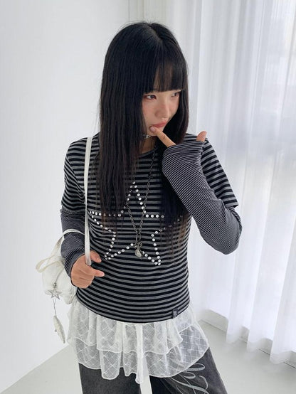 atrandom Black Grey Striped Star Sequin Hotfix Faux Layer Women&