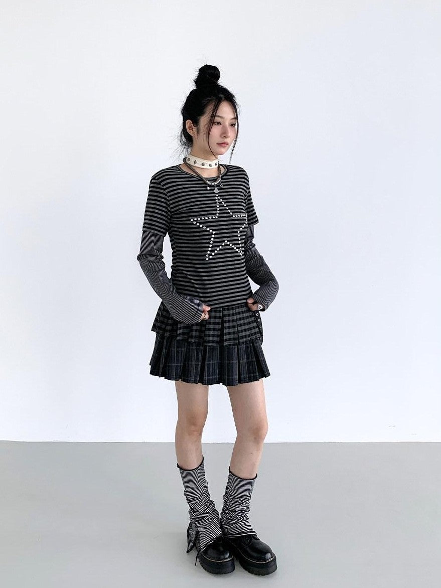 atrandom Black Grey Striped Star Sequin Hotfix Faux Layer Women&