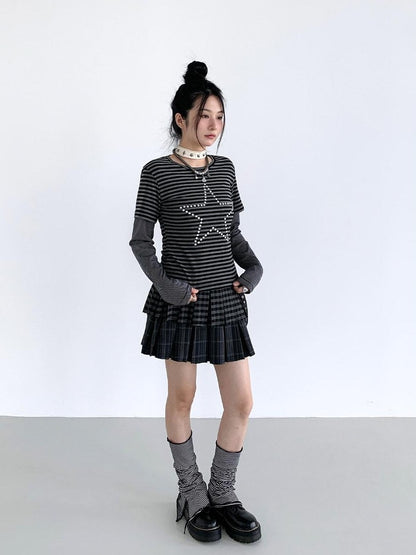 atrandom Black Grey Striped Star Sequin Hotfix Faux Layer Women&