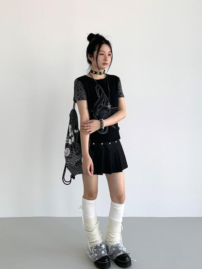 atrandom Black Star Stud Lace Up Pleated Women&