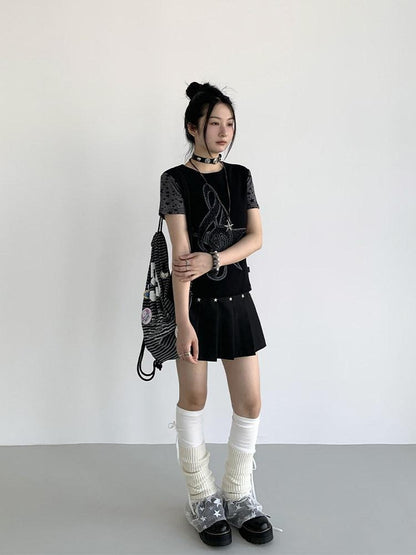 atrandom Black Star Stud Lace Up Pleated Women&
