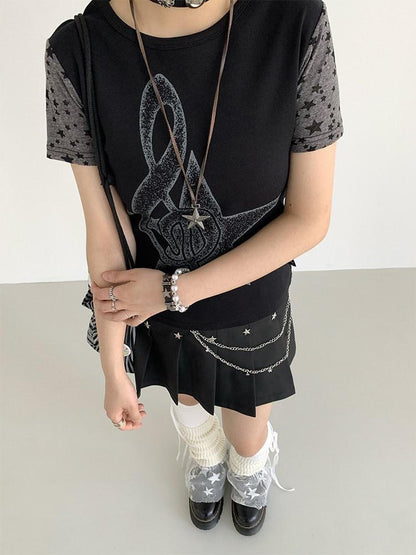 atrandom Black Star Stud Lace Up Pleated Women&