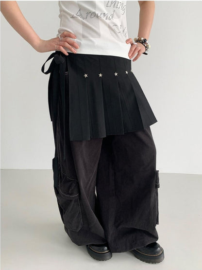 atrandom Black Star Stud Lace Up Pleated Women&