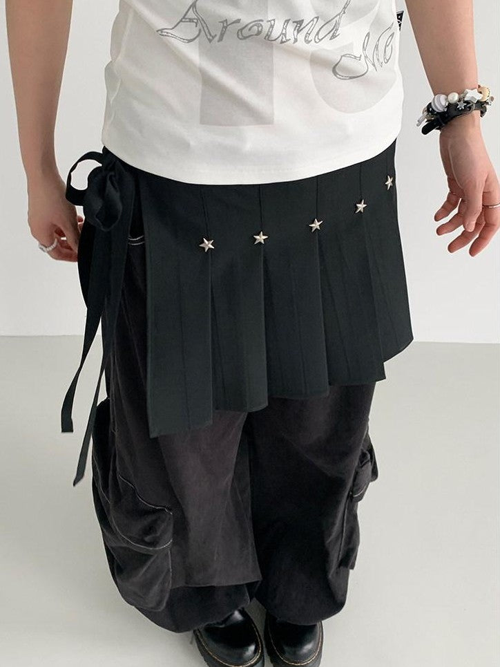 atrandom Black Star Stud Lace Up Pleated Women&
