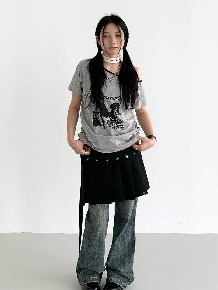 atrandom Black Star Stud Lace Up Pleated Women&
