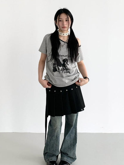 atrandom Black Star Stud Lace Up Pleated Women&