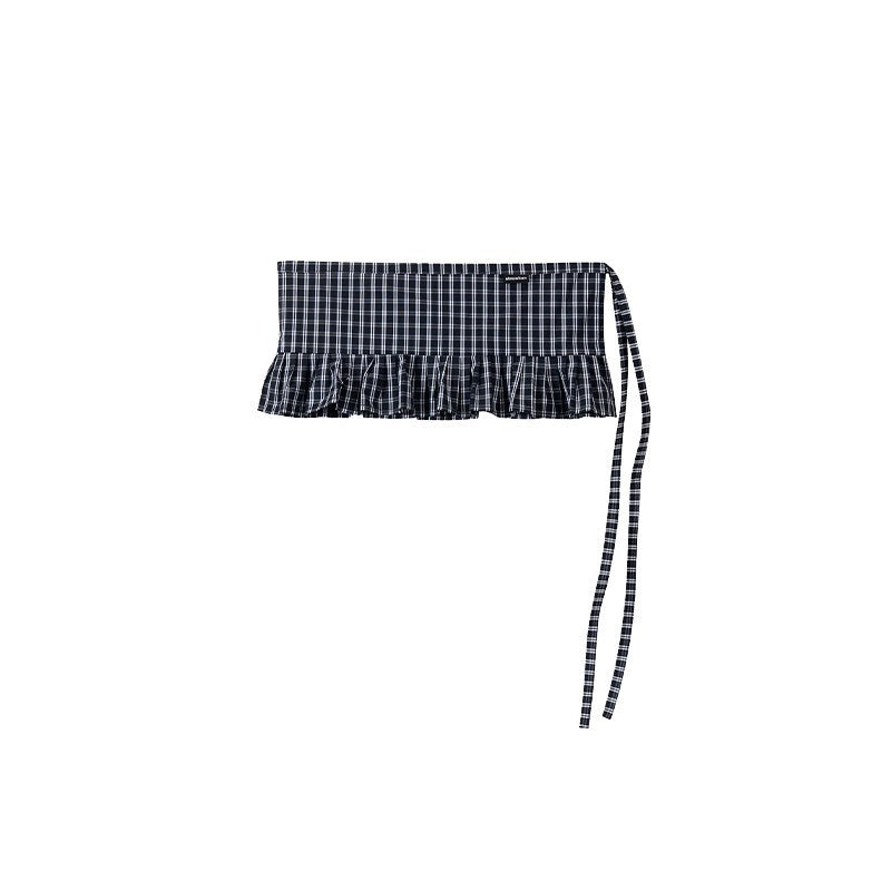 atrandom_Black_White_Check_Handmade_Pleated_Lace_Tie_Waist_Women&