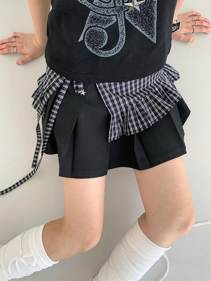 atrandom Black White Check Handmade Pleated Lace Tie Waist Women&