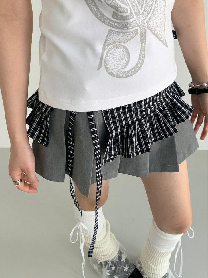 atrandom Black White Check Handmade Pleated Lace Tie Waist Women&
