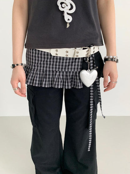 atrandom Black White Check Handmade Pleated Lace Tie Waist Women&