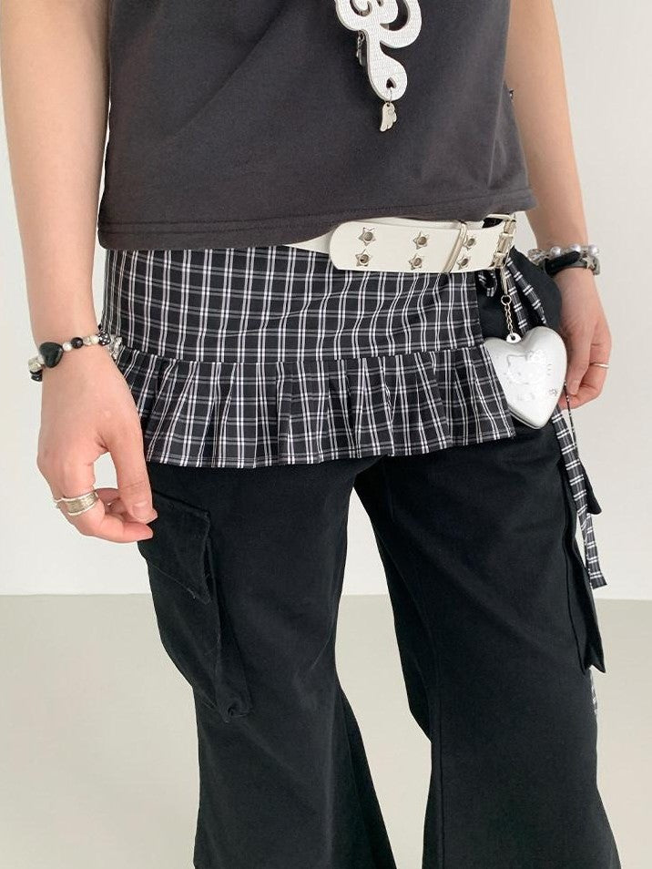 atrandom Black White Check Handmade Pleated Lace Tie Waist Women&