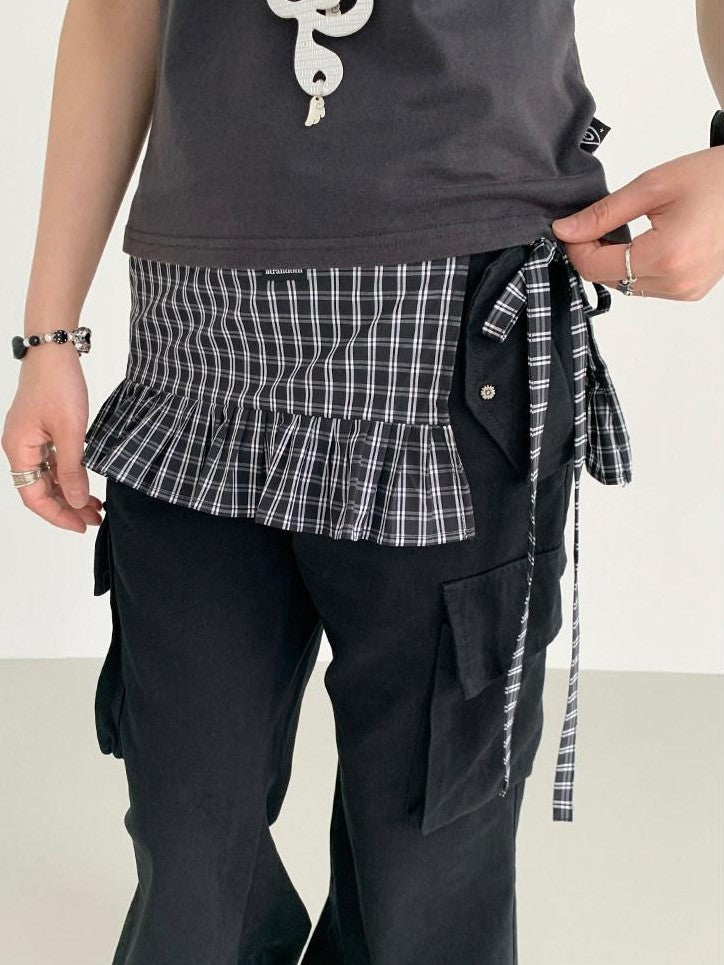 atrandom Black White Check Handmade Pleated Lace Tie Waist Women&
