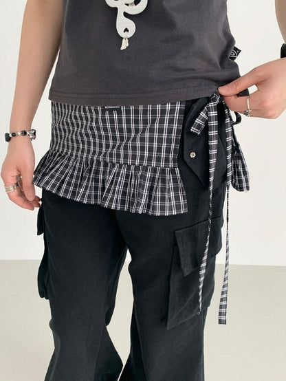 atrandom Black White Check Handmade Pleated Lace Tie Waist Women&