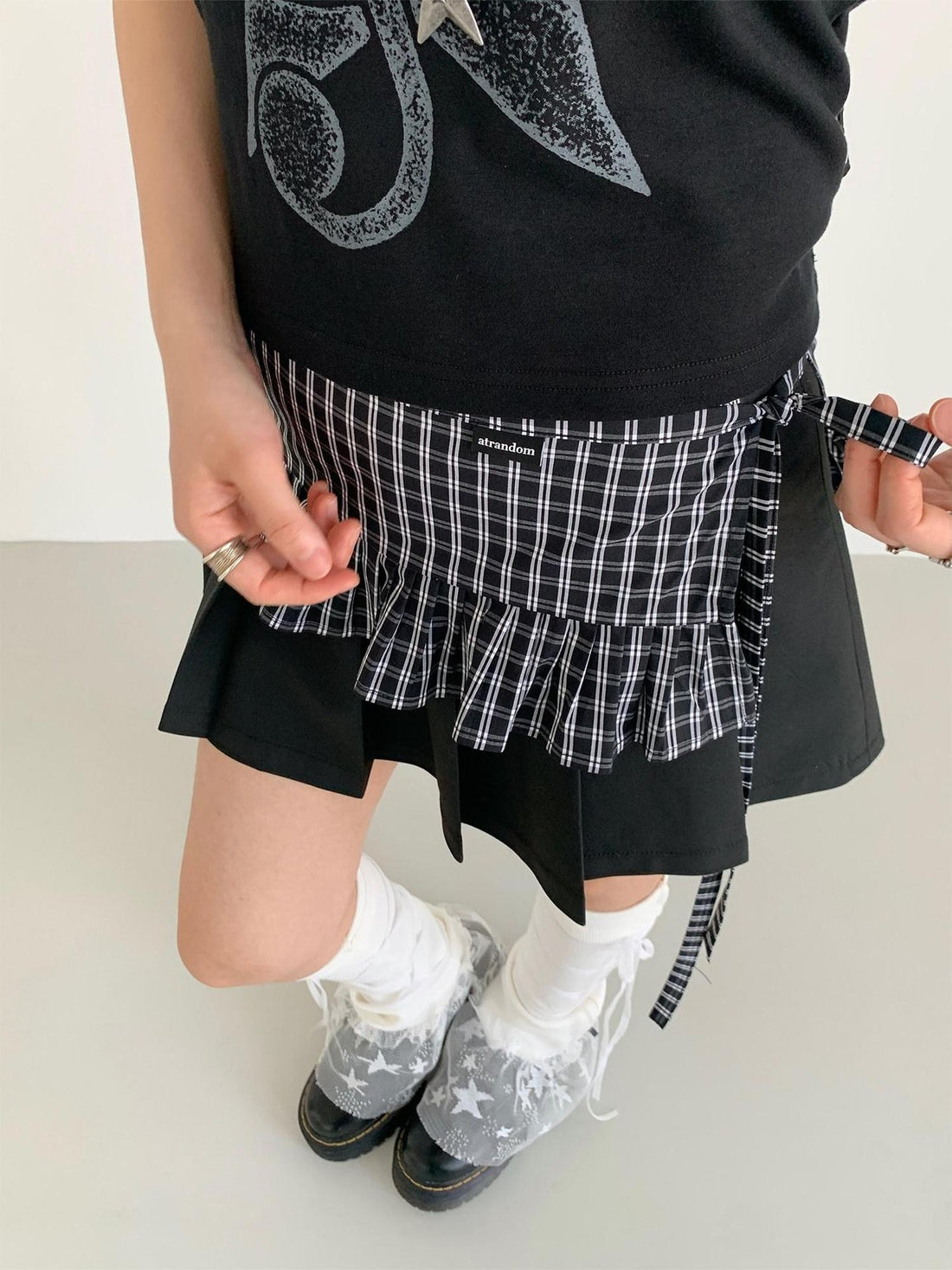 atrandom Black White Check Handmade Pleated Lace Tie Waist Women&