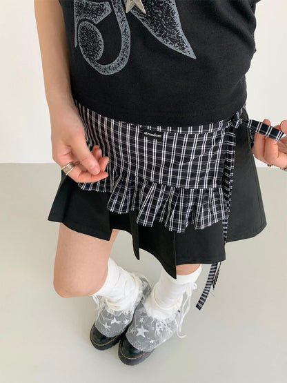 atrandom Black White Check Handmade Pleated Lace Tie Waist Women&