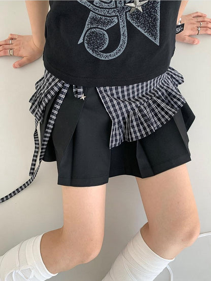 atrandom Black White Check Handmade Pleated Lace Tie Waist Women&