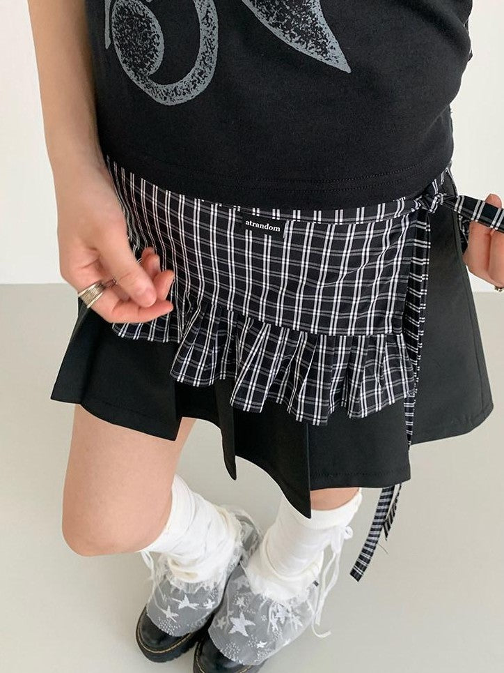 atrandom Black White Check Handmade Pleated Lace Tie Waist Women&
