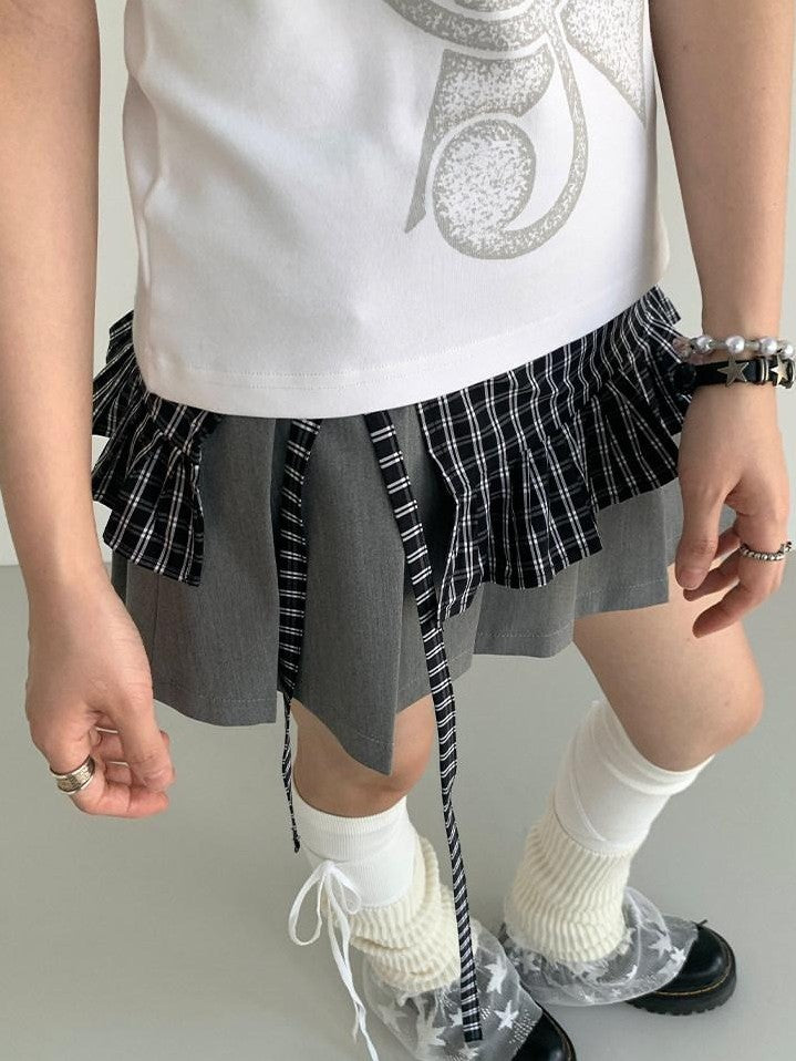 atrandom Black White Check Handmade Pleated Lace Tie Waist Women&