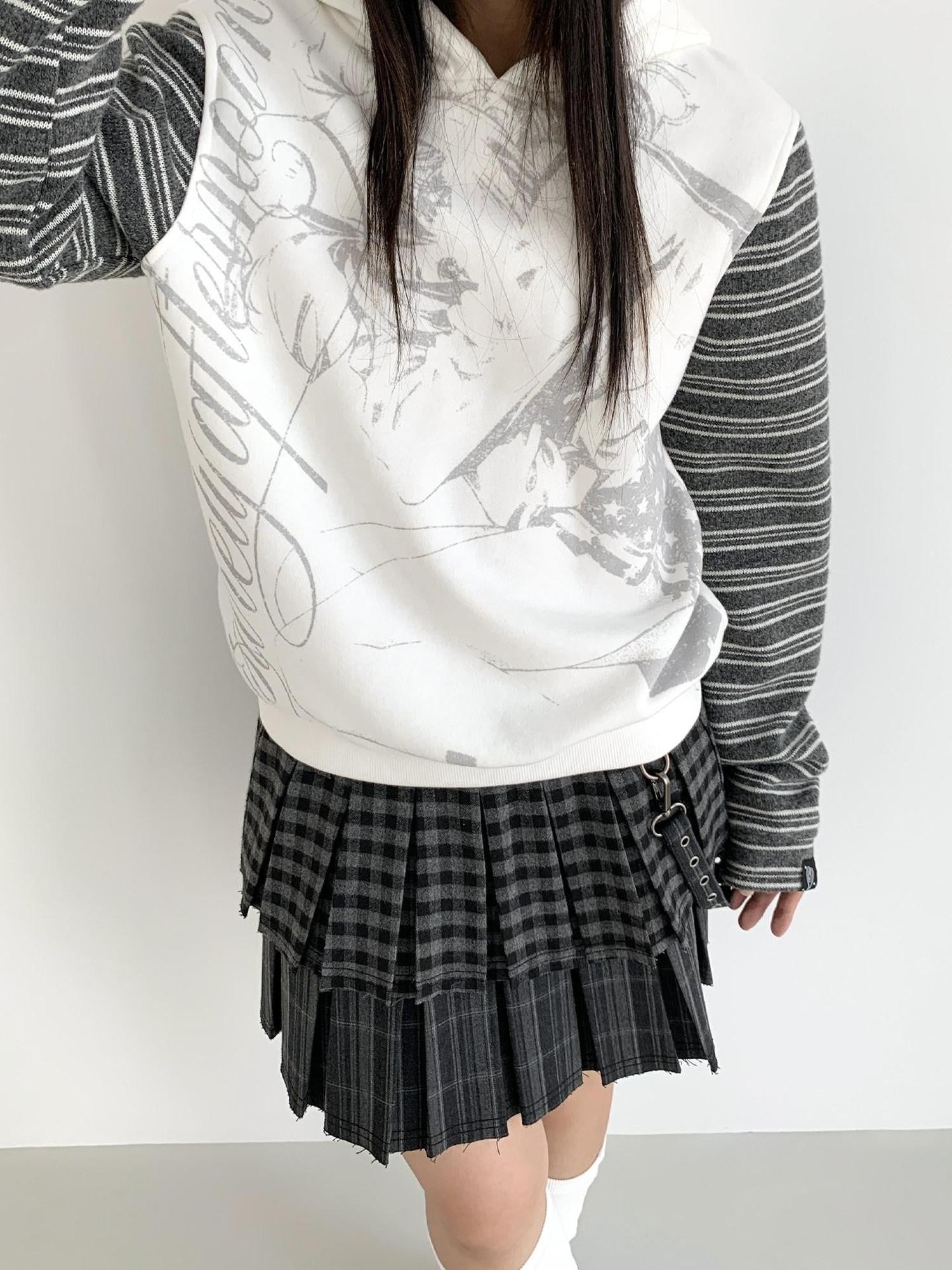 atrandom Black White Printed Striped Splice Fleece Women&