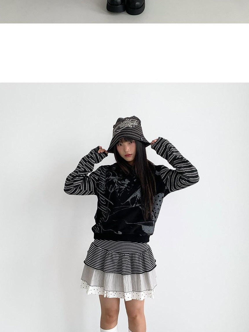 atrandom Black White Printed Striped Splice Fleece Women&