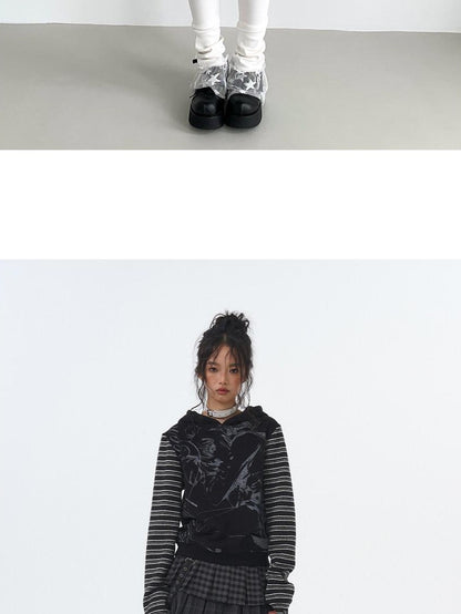 atrandom Black White Printed Striped Splice Fleece Women&