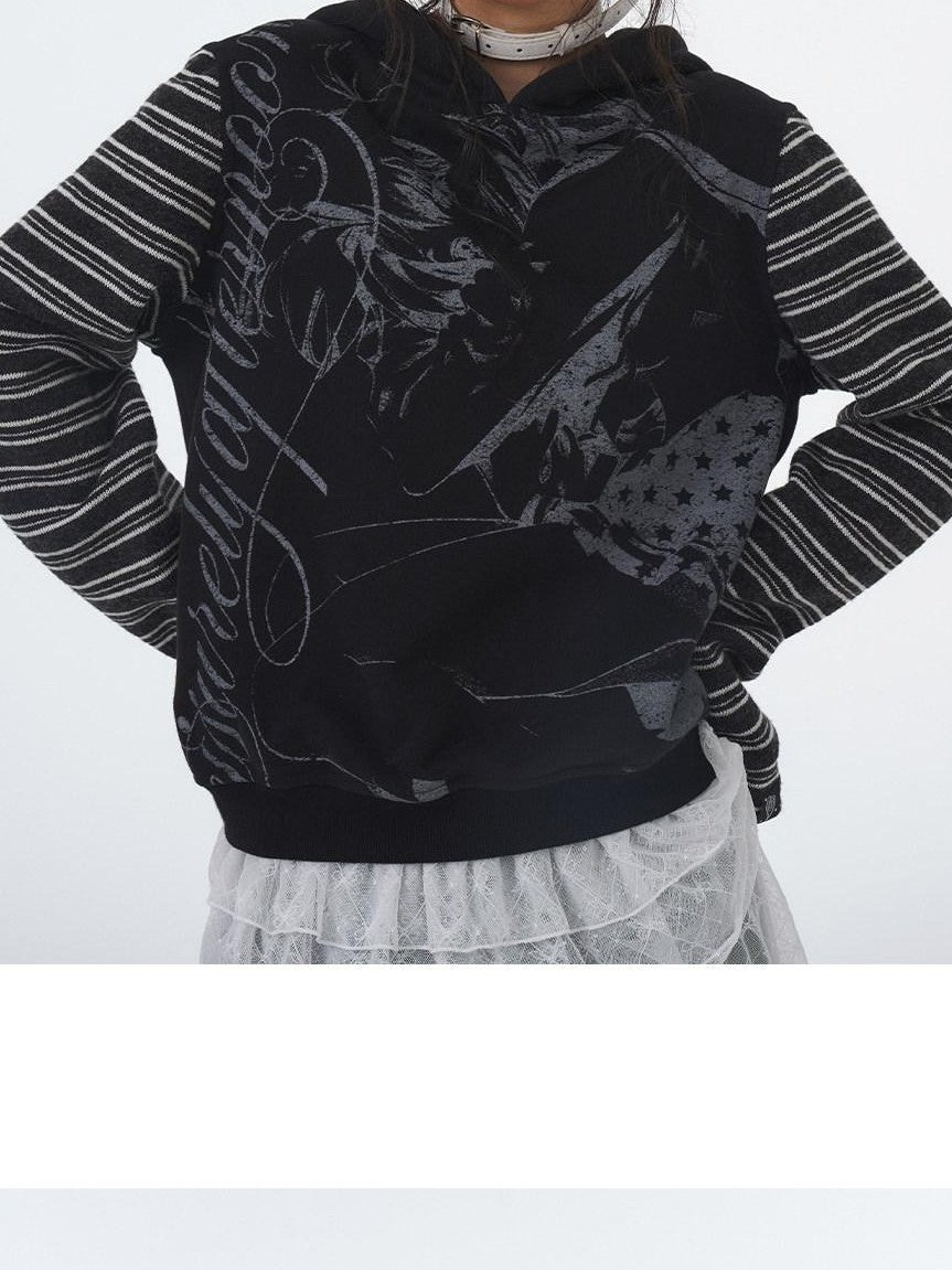 atrandom Black White Printed Striped Splice Fleece Women&