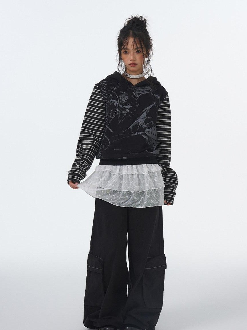 atrandom Black White Printed Striped Splice Fleece Women&