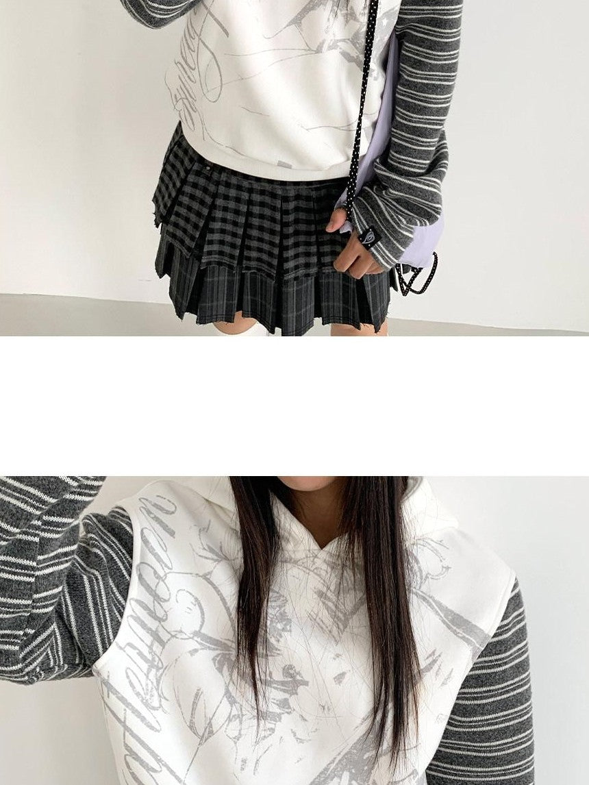 atrandom Black White Printed Striped Splice Fleece Women&