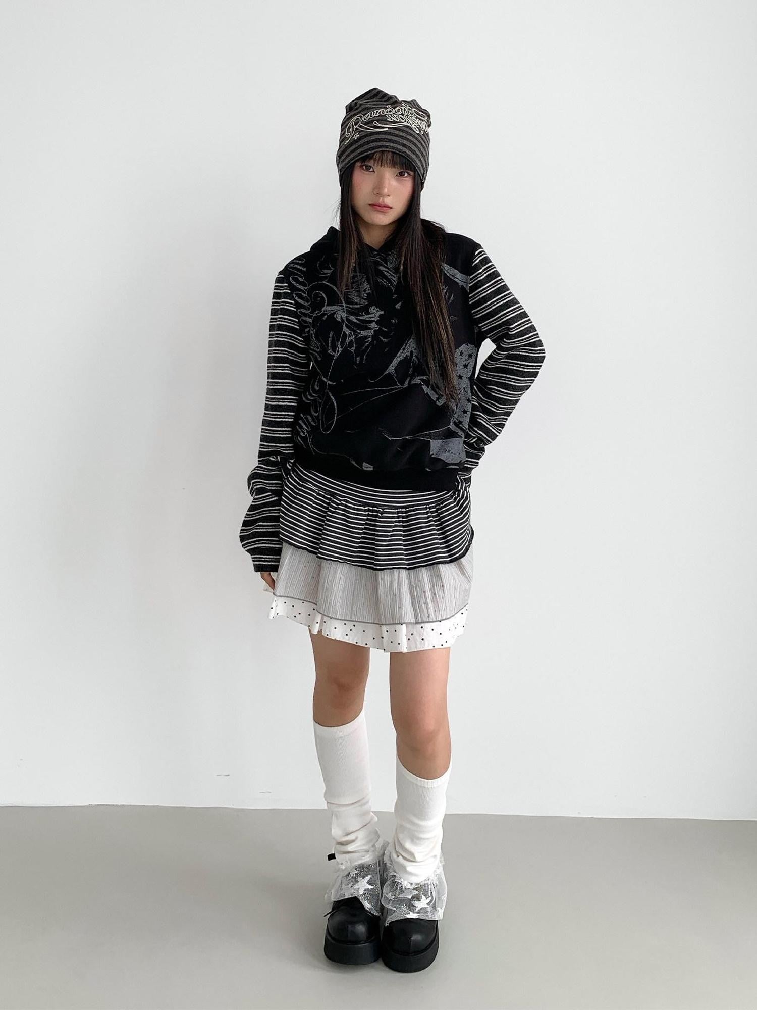 atrandom Black White Printed Striped Splice Fleece Women&