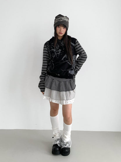 atrandom Black White Printed Striped Splice Fleece Women&