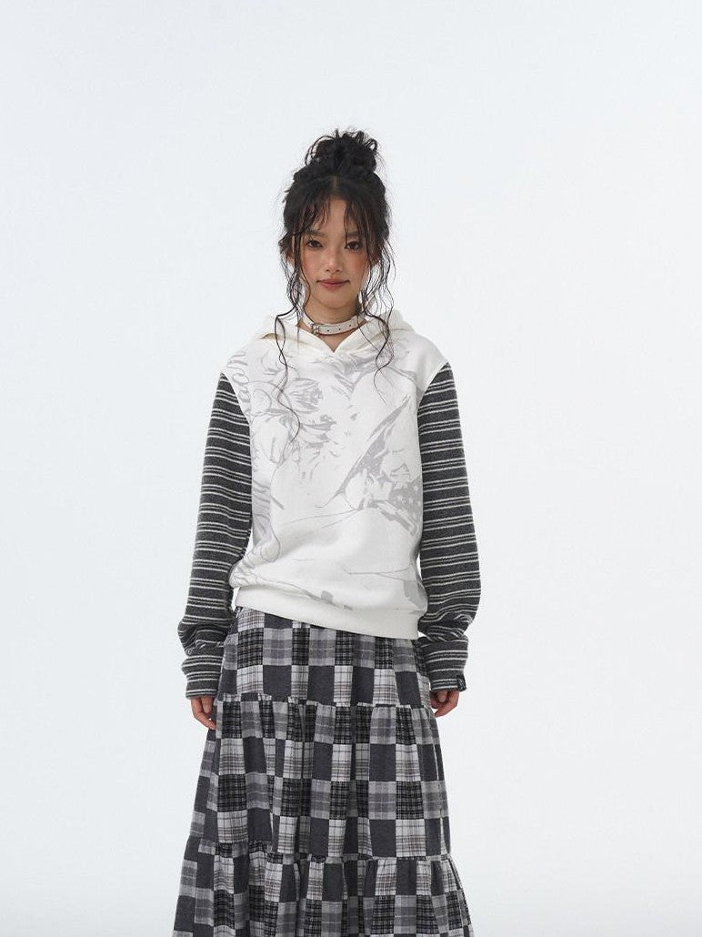 atrandom Black White Printed Striped Splice Fleece Women&