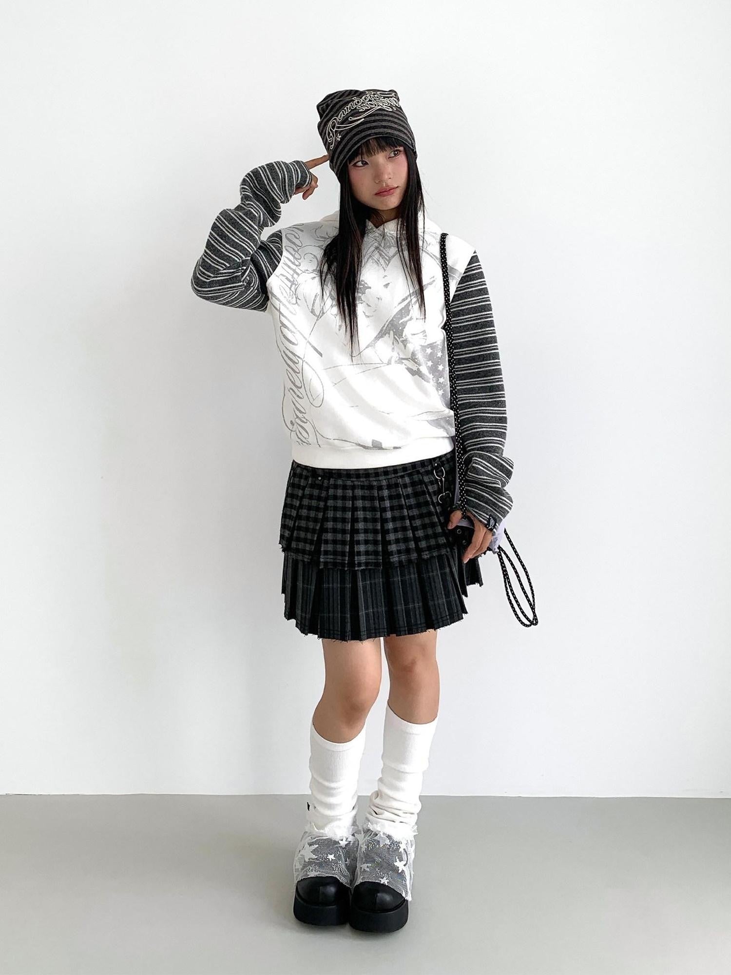 atrandom Black White Printed Striped Splice Fleece Women&
