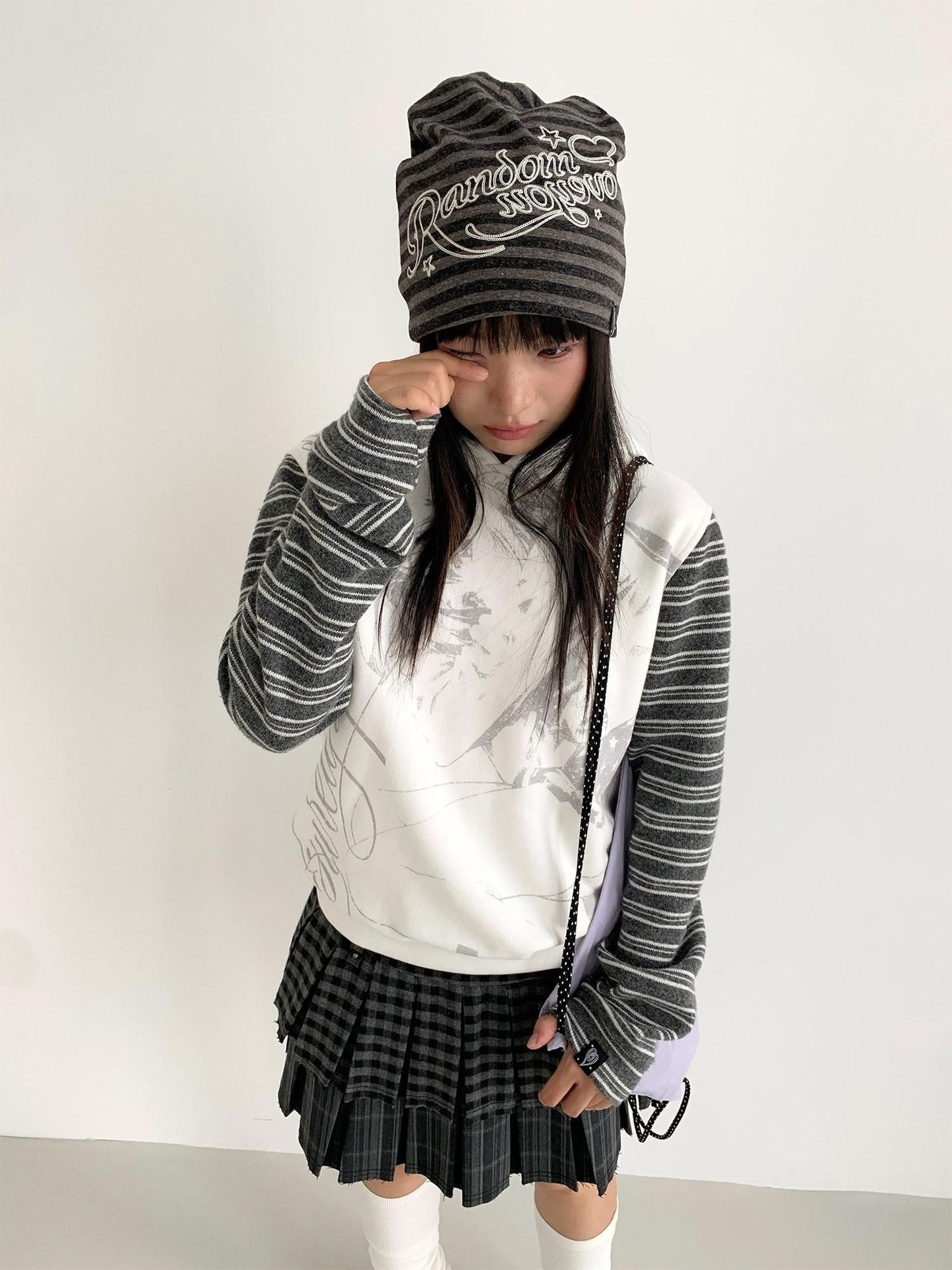 atrandom Black White Printed Striped Splice Fleece Women&