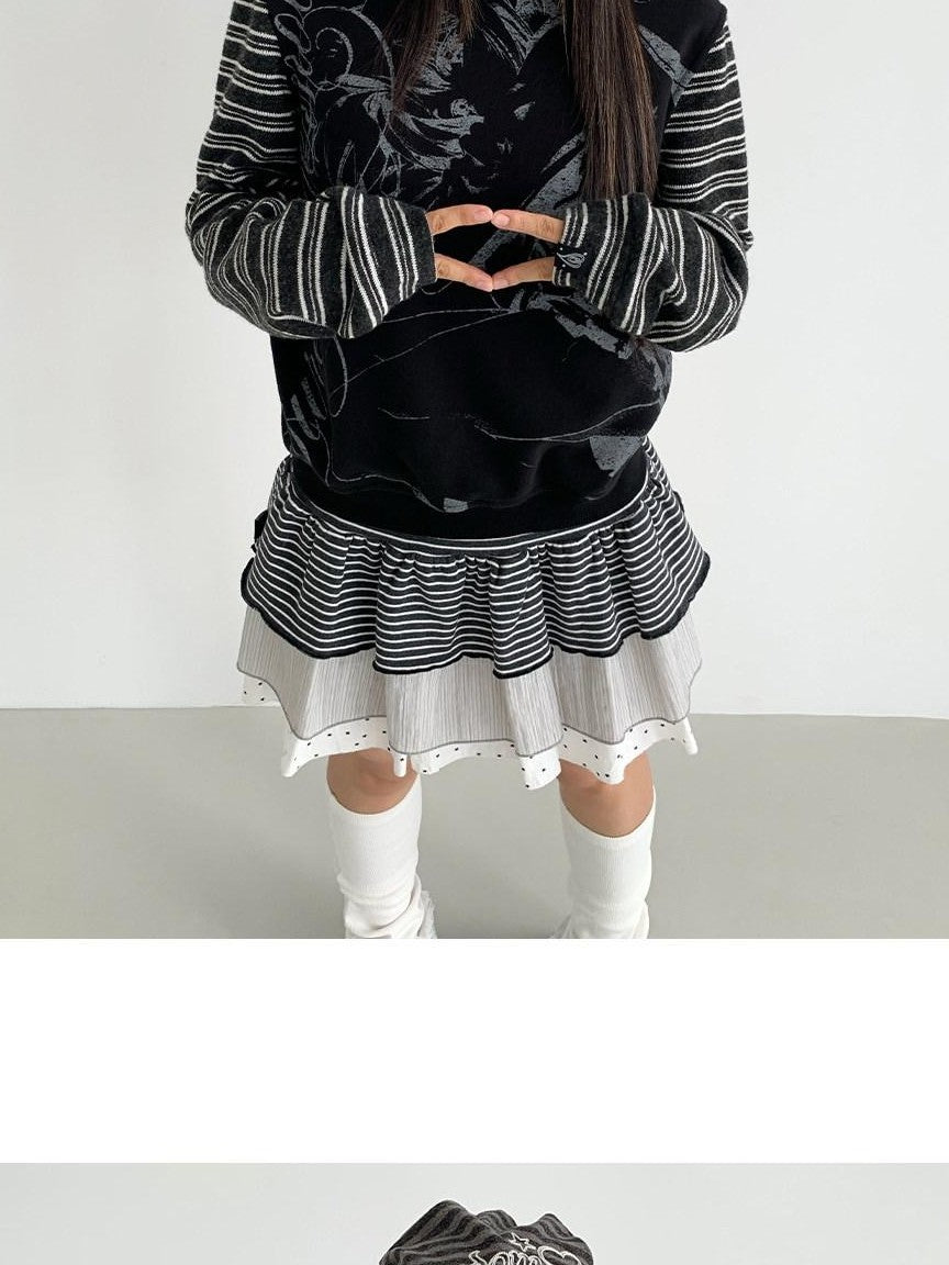 atrandom Black White Printed Striped Splice Fleece Women&