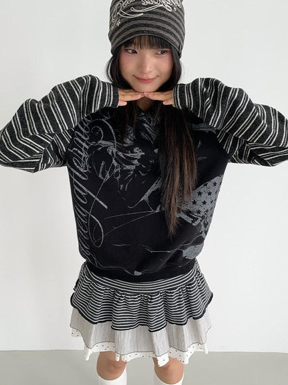 atrandom Black White Printed Striped Splice Fleece Women&