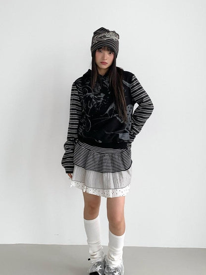 atrandom Black White Printed Striped Splice Fleece Women&
