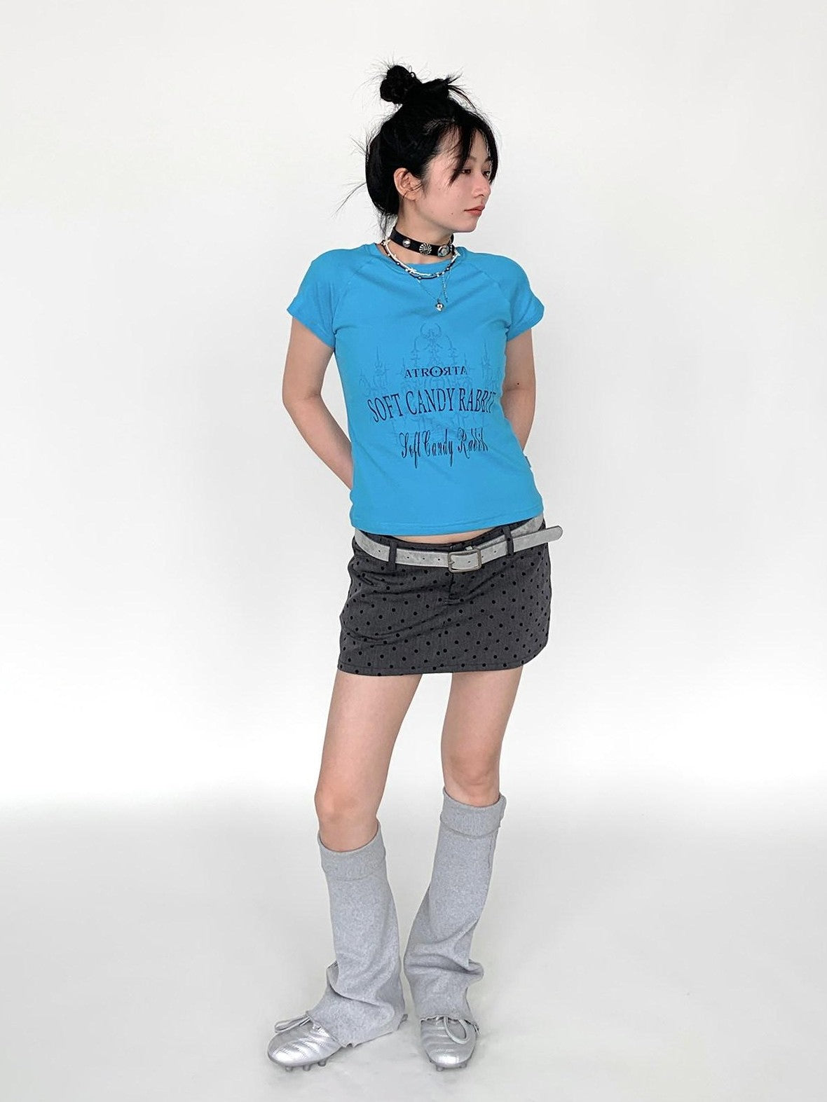 atrandom Blue Gray Vintage Print Raglan Slim Women&