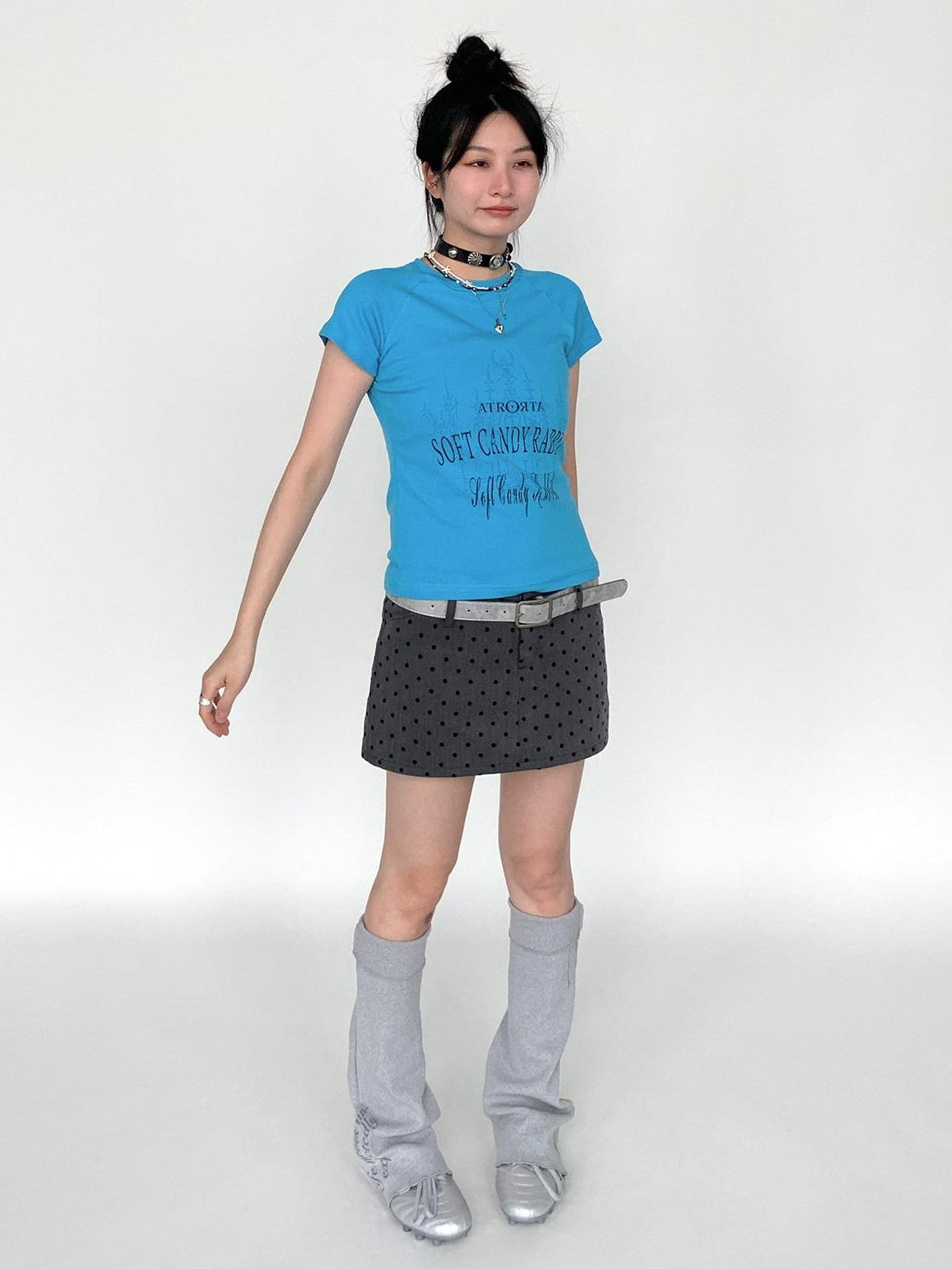 atrandom Blue Gray Vintage Print Raglan Slim Women&