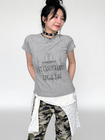 atrandom Blue Gray Vintage Print Raglan Slim Women&