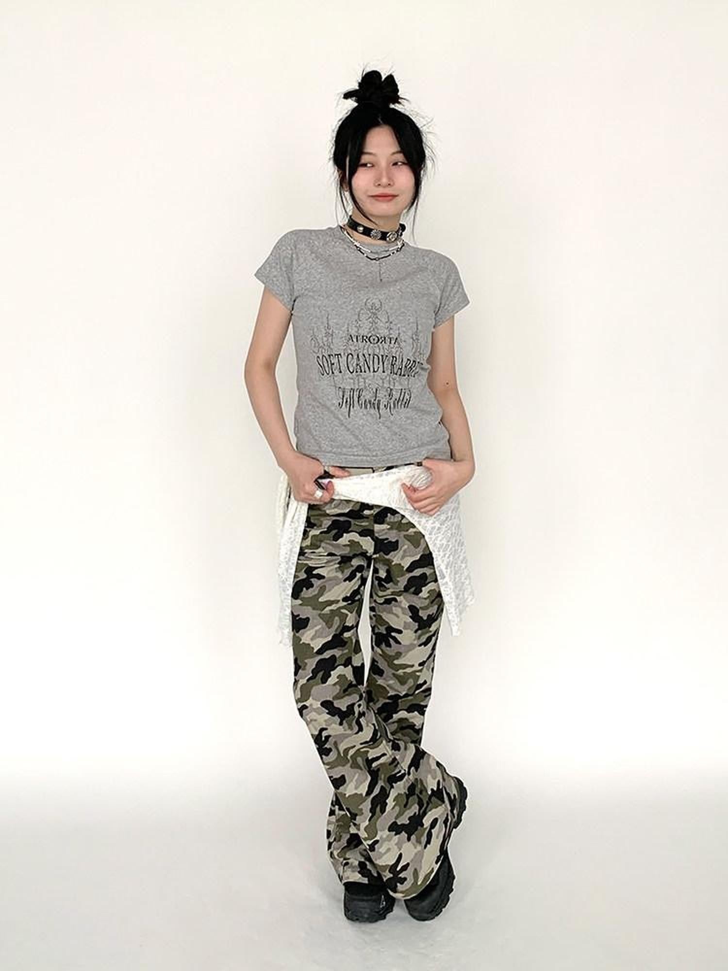 atrandom Blue Gray Vintage Print Raglan Slim Women&