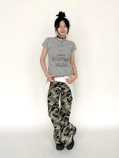 atrandom Blue Gray Vintage Print Raglan Slim Women&
