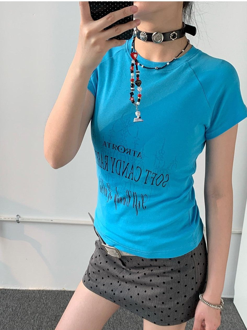 atrandom Blue Gray Vintage Print Raglan Slim Women&