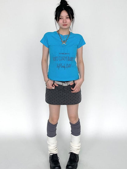 atrandom Blue Gray Vintage Print Raglan Slim Women&
