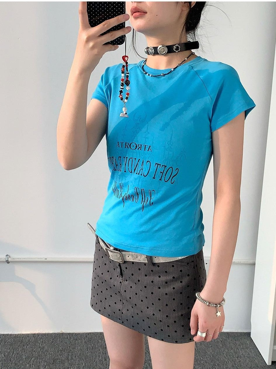 atrandom Blue Gray Vintage Print Raglan Slim Women&
