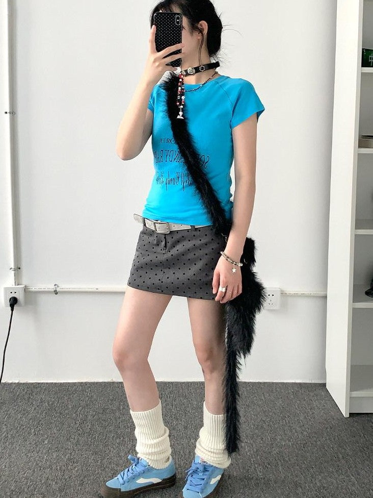 atrandom Blue Gray Vintage Print Raglan Slim Women&